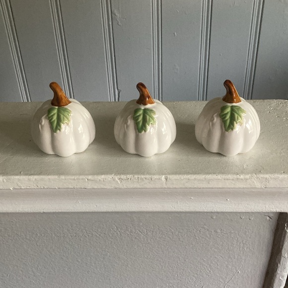 NWT- Set of 3- White- Green Leaf - Porcelain Glazed Fall Pumpkin Decorations 🍂 - Picture 16 of 16